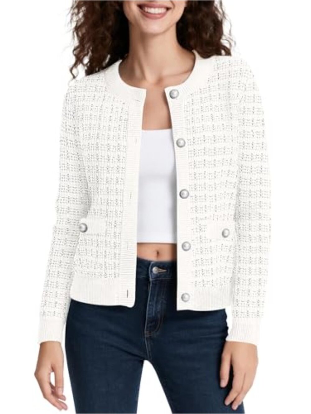 Women's Open Front Knit Cropped Cardigan Long Sleeve Button Sweater